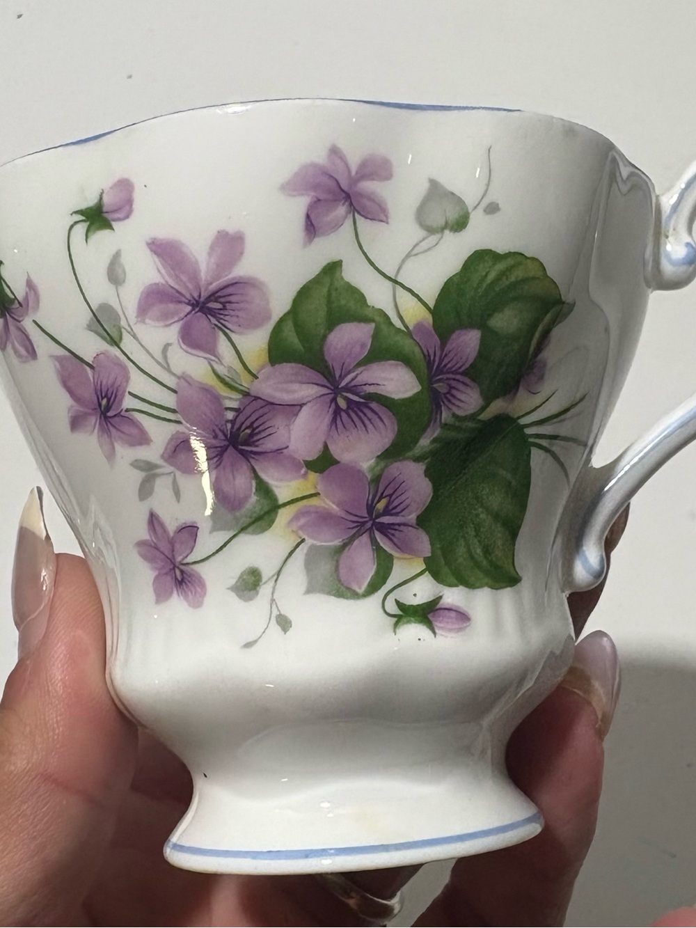 Bass White Porcelain Teacup with Purple Floral Violets and Green Leaves